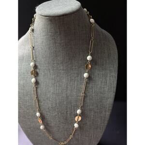Vintage Paperclip Link Chain Necklace Gold Tone White Bead 32” Career Minimalist